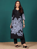 Bold Floral Printed V Neck Embroidered Kurta With Trouser & Dupatta