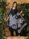 Bold Floral Printed V Neck Embroidered Kurta With Trouser & Dupatta