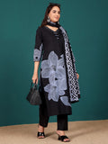 Bold Floral Printed V Neck Embroidered Kurta With Trouser & Dupatta