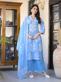 Varanga Women Ethnic Floral Printed V Neck Mirror Embroidered Kurta With Trouser & Dupatta