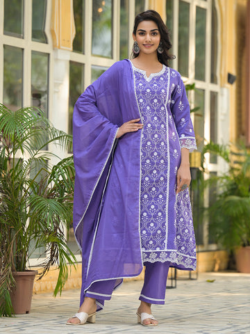 Ethnic Jall All Over Thread Embroidered Chikankari Kurta With Trouser & Dupatta