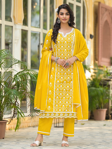 Ethnic Jall All Over Thread Embroidered Chikankari Kurta With Trouser & Dupatta