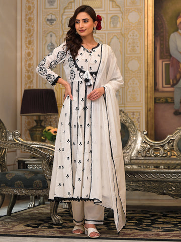 Varanga Women Thread Embroidered Chikankari Anarkali Kurta With Trouser & Dupatta