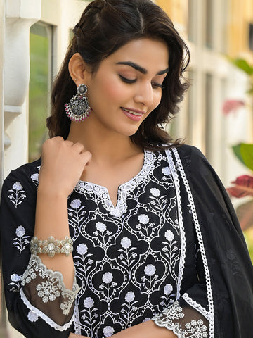 Ethnic Jall All Over Thread Embroidered Chikankari Kurta With Trouser & Dupatta