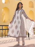 Varanga Women Floral Jaipuri Printed Gathered Princess Cut Flared Kurta With Trouser & Dupatta