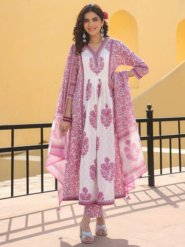 Varanga Women Floral Jaipuri Printed Gathered Princess Cut Flared Kurta With Trouser & Dupatta