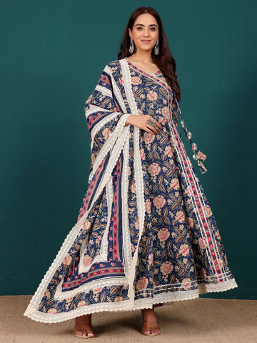 Varanga Women Floral Printed Angrakha Anarkali Kurta With Trouser & Dupatta