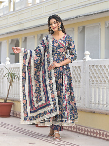 Varanga Women Floral Printed Angrakha Anarkali Kurta With Trouser & Dupatta