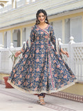 Varanga Women Floral Printed Angrakha Anarkali Kurta With Trouser & Dupatta