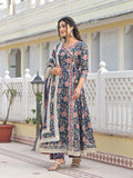 Varanga Women Floral Printed Angrakha Anarkali Kurta With Trouser & Dupatta