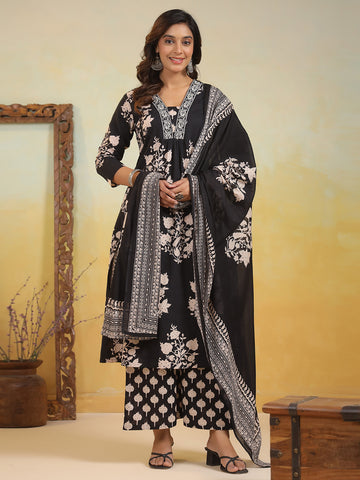 Varanga Women Ethnic Floral Printed V Neck Kurta With Trouser & Dupatta