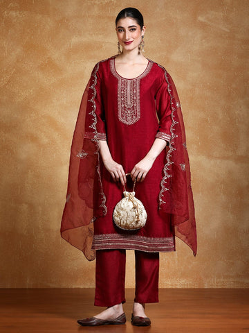 Varanga Women Zari & Sequin Embroidered Yoke Kurta With Trouser & Dupatta