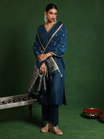 Varanga Women Zari Embroidered V Neck Straight Kurta With Trouser & Gold Self Textured Dupatta