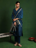 Varanga Women Zari Embroidered V Neck Straight Kurta With Trouser & Gold Self Textured Dupatta