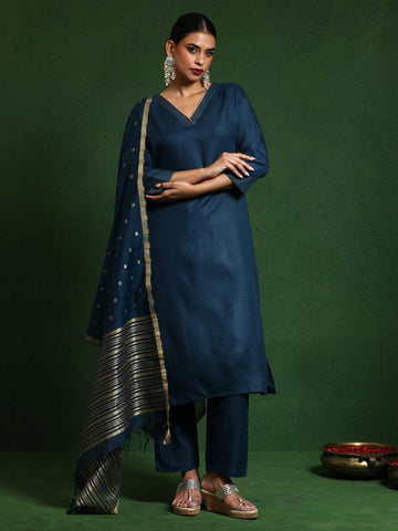 Varanga Women Zari Embroidered V Neck Straight Kurta With Trouser & Gold Self Textured Dupatta