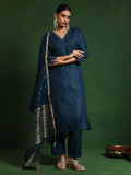 Varanga Women Zari Embroidered V Neck Straight Kurta With Trouser & Gold Self Textured Dupatta