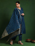 Varanga Women Zari Embroidered V Neck Straight Kurta With Trouser & Gold Self Textured Dupatta
