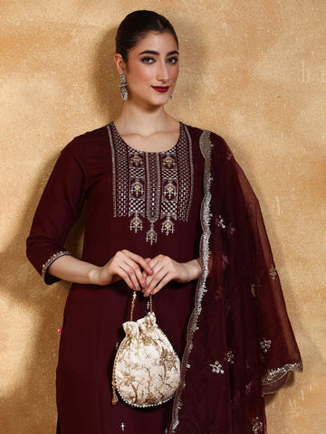 Zari Embroidered Straight Kurta With Trouser & Dupatta