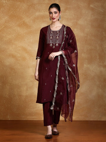Zari Embroidered Straight Kurta With Trouser & Dupatta