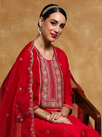 Varanga Women-Zari Embroidered Yoke Kurta With Trouser & Dupatta