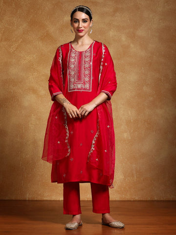 Varanga Women-Zari Embroidered Yoke Kurta With Trouser & Dupatta