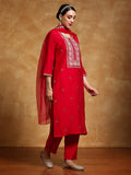 Varanga Women-Zari Embroidered Yoke Kurta With Trouser & Dupatta