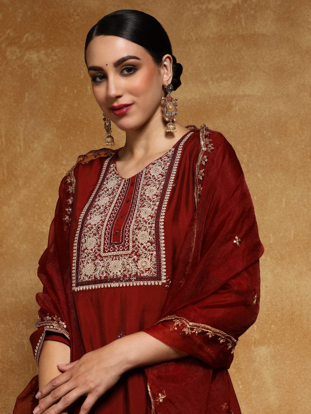 Varanga Women-Zari Embroidered Yoke Kurta With Trouser & Dupatta