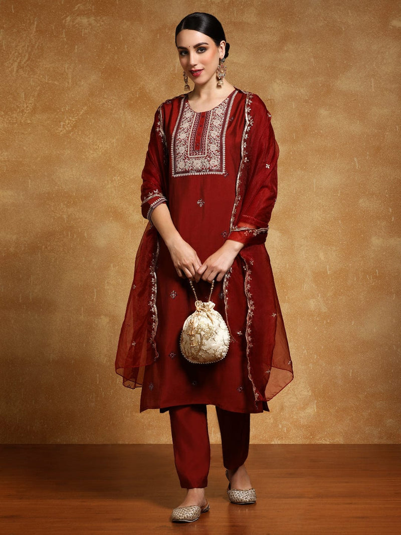 Varanga Women-Zari Embroidered Yoke Kurta With Trouser & Dupatta