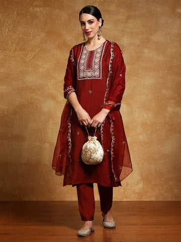 Varanga Women-Zari Embroidered Yoke Kurta With Trouser & Dupatta