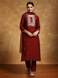 Varanga Women-Zari Embroidered Yoke Kurta With Trouser & Dupatta