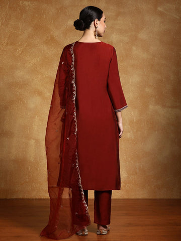 Varanga Women-Zari Embroidered Yoke Kurta With Trouser & Dupatta