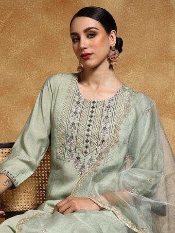 Varanga Women-Thread & Sequin Embroidered Yoke Kurta With Trouser & Scallop Dupatta