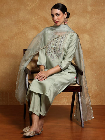 Varanga Women-Thread & Sequin Embroidered Yoke Kurta With Trouser & Scallop Dupatta