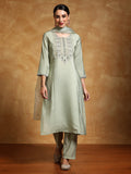 Varanga Women-Thread & Sequin Embroidered Yoke Kurta With Trouser & Scallop Dupatta