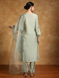 Varanga Women-Thread & Sequin Embroidered Yoke Kurta With Trouser & Scallop Dupatta