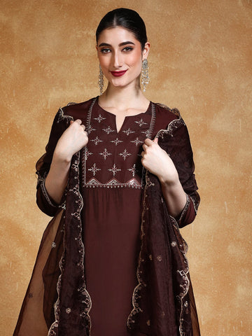 Varanga Women Thread & Sequin Embroidered Yoke Kurta With Trouser & Dupatta