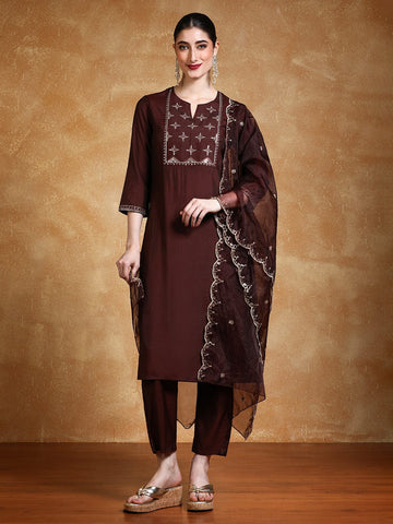 Varanga Women Thread & Sequin Embroidered Yoke Kurta With Trouser & Dupatta