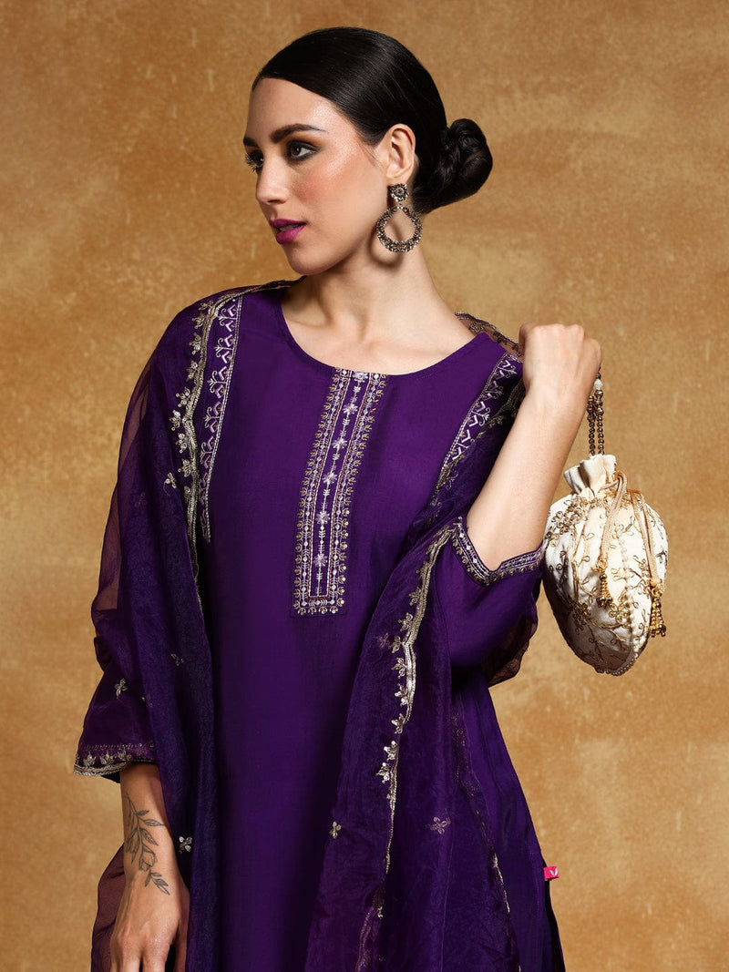 Varanga Women-Thread & Sequin Embroidered Yoke Kurta With Trouser & Scallop Dupatta