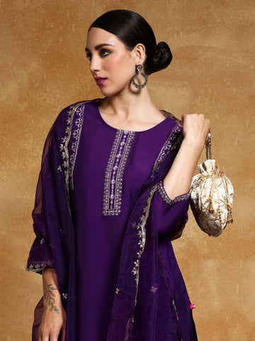Varanga Women-Thread & Sequin Embroidered Yoke Kurta With Trouser & Scallop Dupatta