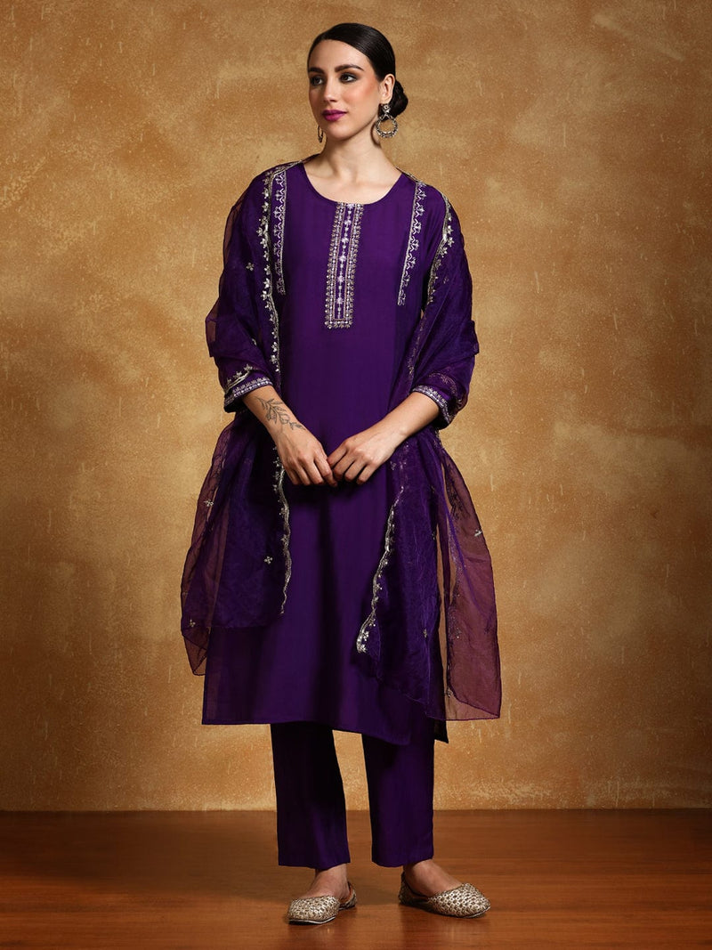 Varanga Women-Thread & Sequin Embroidered Yoke Kurta With Trouser & Scallop Dupatta