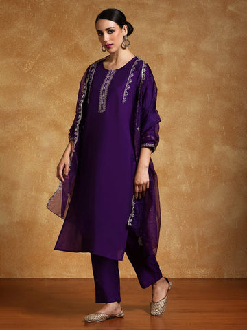Varanga Women-Thread & Sequin Embroidered Yoke Kurta With Trouser & Scallop Dupatta