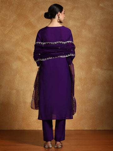 Varanga Women-Thread & Sequin Embroidered Yoke Kurta With Trouser & Scallop Dupatta