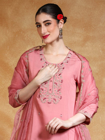 Varanga Women Zari Embroidered Yoke Kurta With Trouser & Dupatta