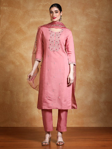 Varanga Women Zari Embroidered Yoke Kurta With Trouser & Dupatta