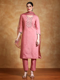 Varanga Women Zari Embroidered Yoke Kurta With Trouser & Dupatta