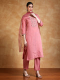Varanga Women Zari Embroidered Yoke Kurta With Trouser & Dupatta