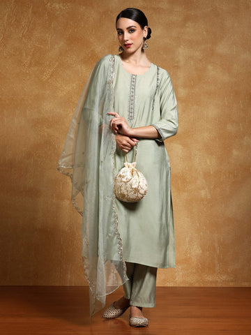 Varanga Women-Thread & Sequin Embroidered Yoke Kurta With Trouser & Scallop Dupatta