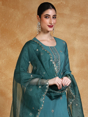 Varanga Women Thread & Sequin Embroidered Yoke Kurta With Trouser & Dupatta