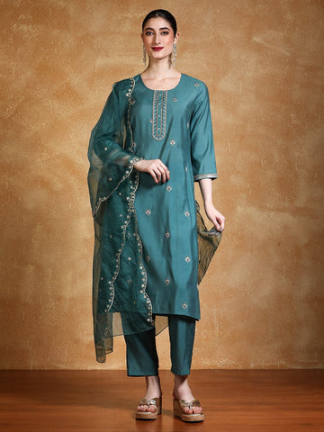 Varanga Women Thread & Sequin Embroidered Yoke Kurta With Trouser & Dupatta