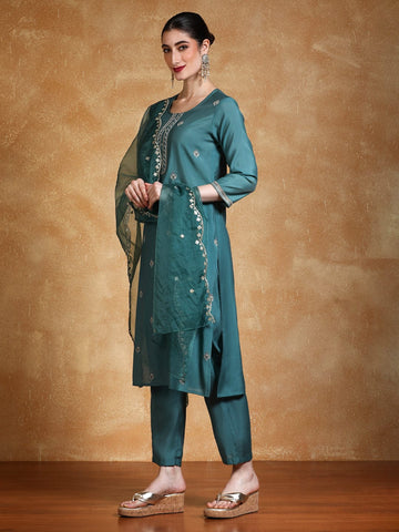 Varanga Women Thread & Sequin Embroidered Yoke Kurta With Trouser & Dupatta